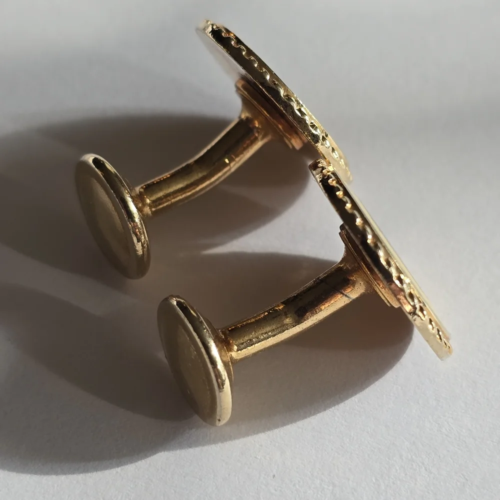Vintage cuff links yellow brown enamel gold tone round circle formal
